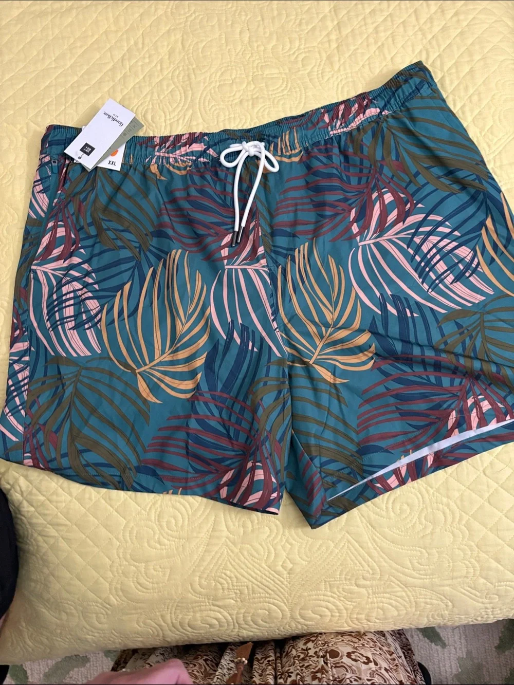 Goodfellow & Co Blue Swim Trunks with Teal and Pink Leaf Waistband